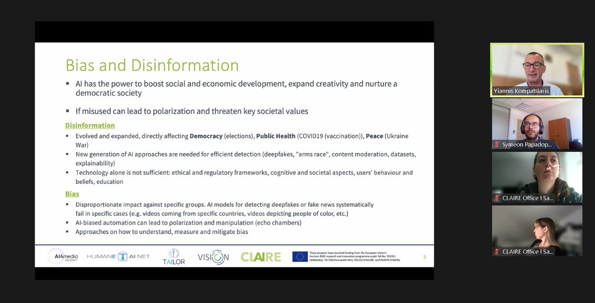 ai4mediaproject's tweet photo. The Theme Development Workshop on "AI: Mitigating Bias & Disinformation" has started and is in full steam!
Participants are sharing fruitful ideas and are engaged in interesting discussions around #AI, #disinformation and #bias.
@vision_claire #humaneAInet @eu_tailor https://t.co/qEST4cGn9Y