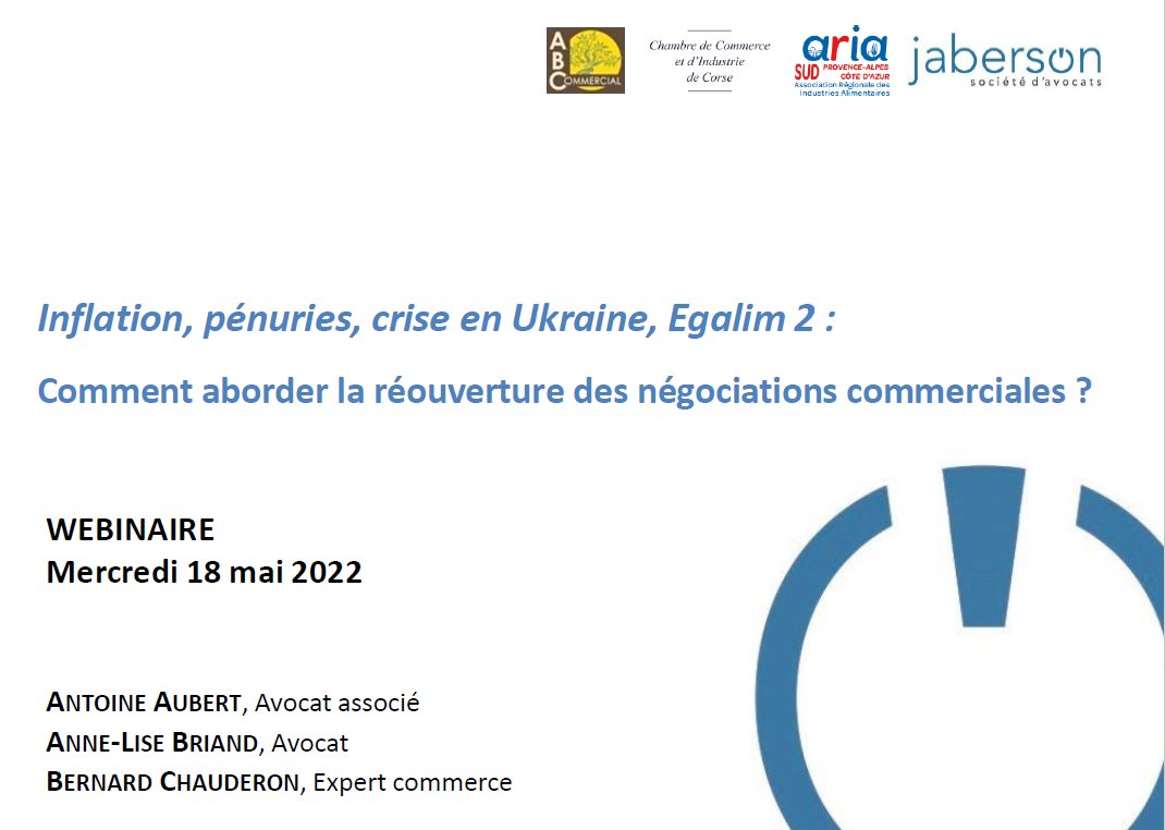 21 entreprises présentes ce matin lors du #webinaire
 
« Inflations, pénuries, crise en Ukraine, Egalim 2 : Comment aborder la #réouverture des #négociations #commerciales ? » 

co-animé par Antoine Aubert et Anne-Lise Briand de <a href="/JabersonAvocats/">Jaberson</a> ainsi que Bernard Chauderon.
