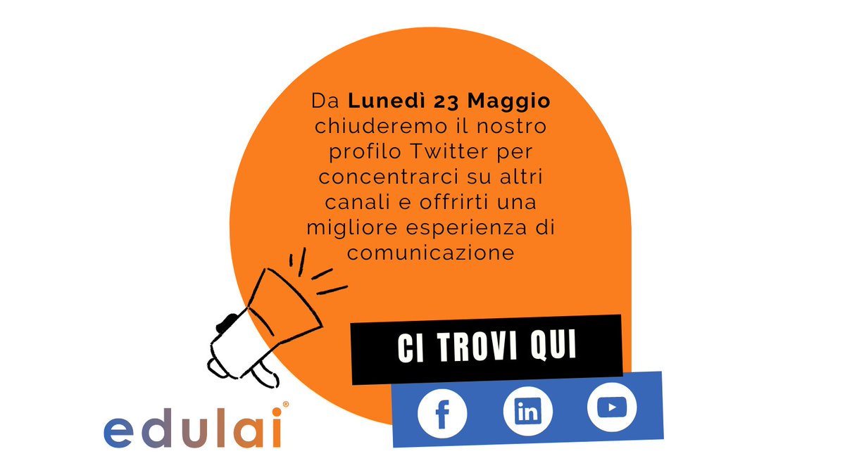 edulai1's tweet photo. 🚨Dal 23/05, il nostro profilo Twitter non sarà più attivo, ma ti invitiamo a seguirci sugli altri nostri canali social per aggiornamenti su Edulai! Ci trovi qui:

Facebook: https://t.co/nwSOa1LuUd
LinkedIn: https://t.co/wwdQwzmgYK
YouTube: https://t.co/bQTTVOczbB

Team Edulai https://t.co/xxZg5WJwTj