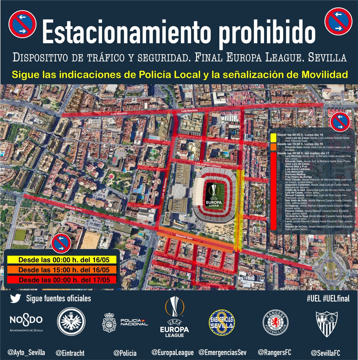 EmergenciasSev's tweet photo. ➡️Dispositivo de tráfico #UEL #UELFinal
⛔️Activadas las restricciones de tráfico en #Nervión, según la afluencia de público.
Utiliza recorridos alternativos.
Sigue las indicaciones de @PoliciaSevilla y la señalización de @Trafico_Sevilla
 #Gobernación https://t.co/zMjn7CMKAz