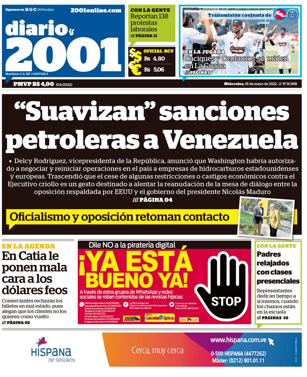 ¡Muy buenos días para todos!
Esta es nuestra portada de hoy #miércoles #18mayo en la edición impresa de 2001. Busca tu ejemplar en toda la Gran Caracas. ¡Siempre contigo! Amplía estas y otras noticias en nuestra página web: 2001online.com