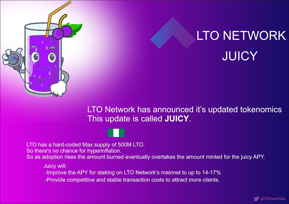 LTONetworkNaija's tweet photo. 🇳🇬 LTO Network’s Mainnet Update called Juicy is out❕❕❕

🇳🇬🥤JUICY brings more robust tokenomics that are designed to enable and support growth. It will increase staking rewards from the original 4.5-5% to up to 14-17% APY.

🇳🇬🔬More info: https://t.co/1B3WOJyggY https://t.co/sQH0LNZD2l