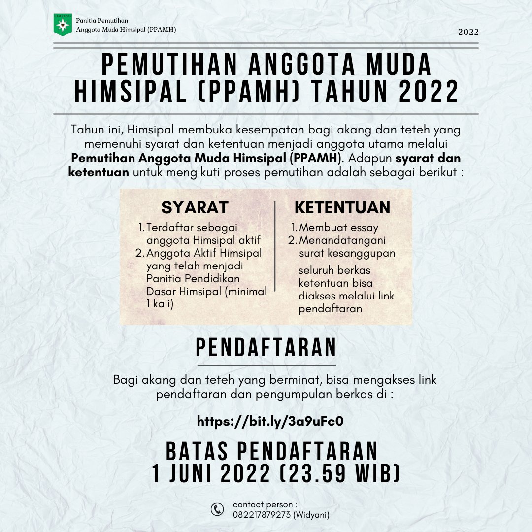 Selamat sore, akang dan teteh. Berikut pemberitahuan terkait Pemutihan Anggota Muda Himsipal (PPAHM). Bagi akang dan teteh yang berminat, bisa mendaftarkan diri dan mengumpulkan berkas pada link gform berikut :

bit.ly/3a9uFc0

Atas atensinya, kami ucapkan terima kasih