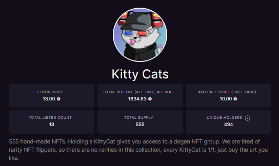 494 holders de 555 Kitty Cats, y tan solo 18 listados.

Floor Price de 13 SOL... por algo será.

¿Qué próximos proyectos se mintean y hemos repartido WL en el discord? Estos:

<a href="/BunniesNHomies/">B&H Club 🥕 $DOUGH</a>
<a href="/GreatGoatsNFT/">Great Goats</a>
<a href="/PitsOffPercs/">Pits Off Percs {POP}</a>
@VinceniaNft
@NaimitsuAI
<a href="/OakParadiseNFT/">Oak Paradise | oak.bet</a>

Casi nada, eh...