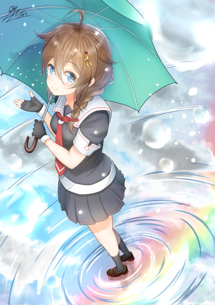 shigure (kancolle) ,shigure kai ni (kancolle) 1girl solo braid umbrella blue eyes school uniform serafuku  illustration images