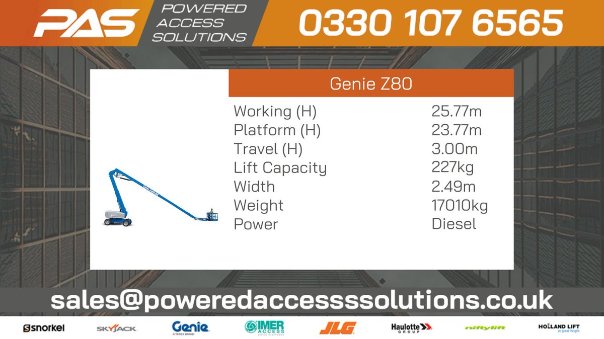 🟠🟠The Genie® Z80 🟠🟠

Ideal for both outdoor construction and industrial applications with its lift capacity of 227kg.

View &amp; Download product spec - poweredaccesssolutions.co.uk/assets/pdf/gen…

#Poweredaccess #Swindon #Southampton #Gloucester #Genie  #Boomlift              
#Accessequipment