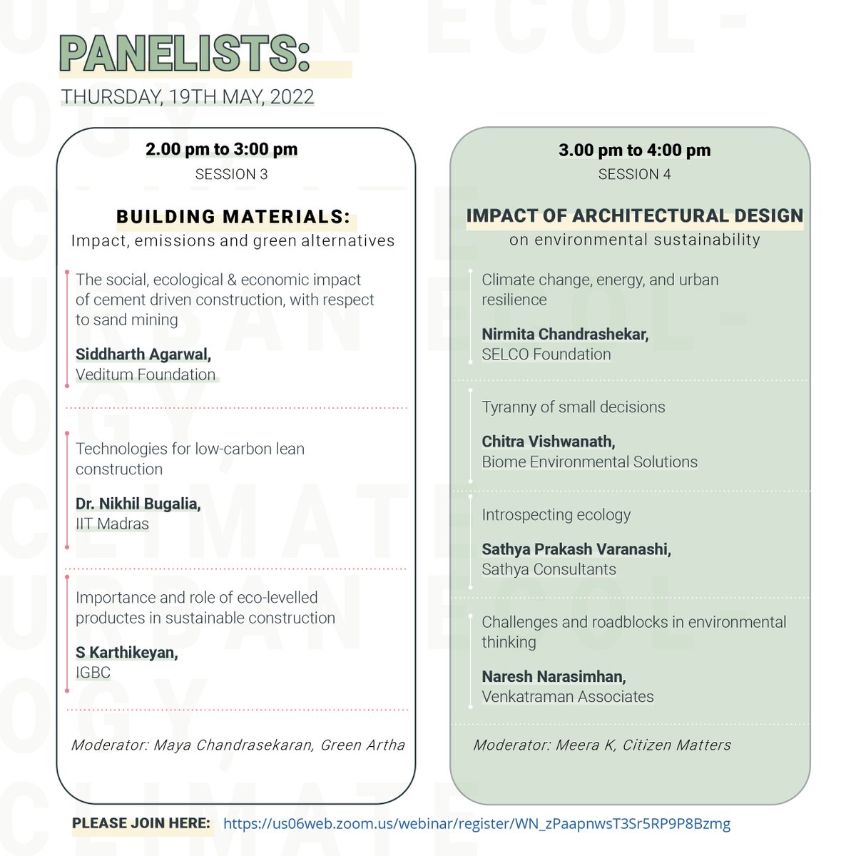 We need to reimagine & reshape how we build our cities. Our conversation on 'Urban Ecology, Construction & Climate Change' aims to decode city's construction and its ecology. Join us: Thursday, 19th May; 10 am onwards Platform: Zoom Click to register: lnkd.in/dbyWZgV5