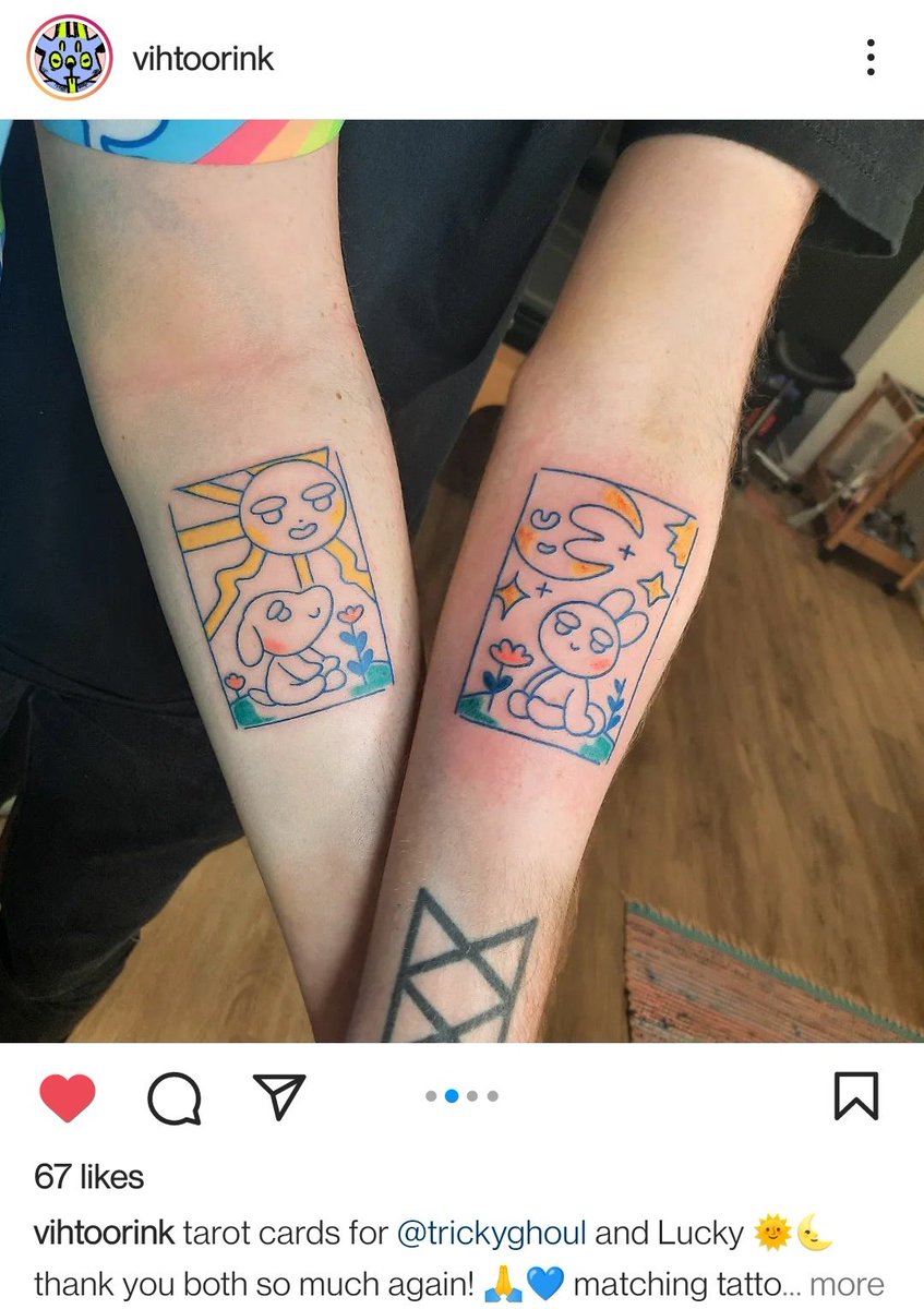 I got matching sun and moon tarot card tattoos with my fiance @toonluckyVT  yesterday 🥺💖 @vihtoori_art did an amazing job making/designing them!!, image size:847x1200
