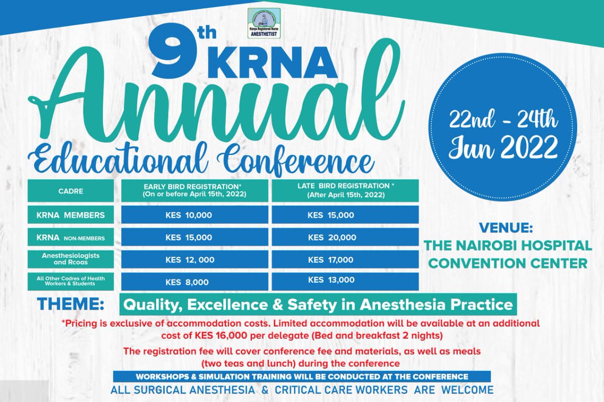 nnakenya's tweet photo. We invite our colleagues working in the surgical, anesthesia and critical care teams to our Registered Nurse Anaesthetists Chapter upcoming conference. Theme Quality, Excellence and Safety in #Anesthesia Practice. 

#SafeAnesthesia https://t.co/sT0DQywevs