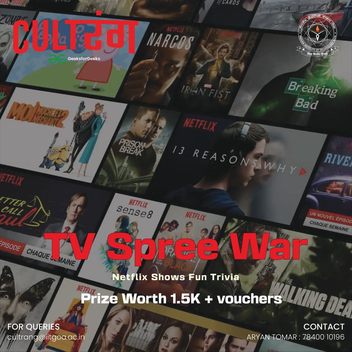 CultRangIITGoa's tweet photo. Do you feel you’re an expert in all things Netflix? Here’s a fun quiz to prove it!💯 From Walt White’s ‘Heisenberg’ personality to the social media famous Dalgona cookies, this quiz has it all!

Register Now - Link in bio✨

#Netflix  #fun #Quiz #CultRang https://t.co/fqdTyT81tE