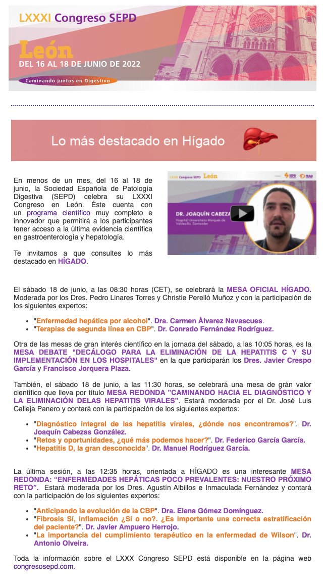 #CongresoSEPD22 | Te invitamos a consultar lo más destacado en #HÍGADO. Clica aquí: sepdemail.app.teenvio.com/1c2VwZGVtYWlsJ… <a href="/DrJavierCrespo/">Javier Crespo</a> <a href="/DrJLCalleja/">Jose Luis Calleja</a> <a href="/ConradoFernnde1/">Conrado Fernández Rodriguez</a> <a href="/JCabezasGlez/">Joaquin Cabezas</a> <a href="/fegarciagarcia/">Federico Garcia</a> <a href="/Dr_Ampuero/">Javier Ampuero</a> <a href="/inmafernandezv/">Inmaculada Fernández</a> <a href="/canavascues99/">Carmen Alvarez Navascues</a> <a href="/PerelloChristie/">Christie Perelló</a> 
 
¡Os esperamos!
#LiverTwitter