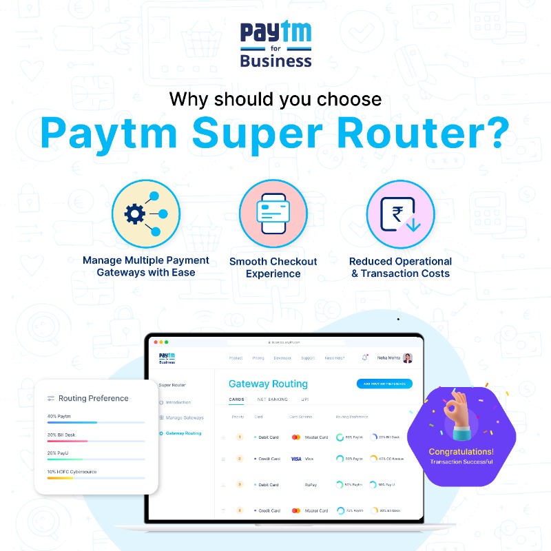 PaytmBusiness's tweet photo. If you are a scaling startup or an enterprise looking to manage multiple payment gateways in order to increase your payment success rates and give a smooth checkout experience to your customers, look no further as Paytm Super Router is your go-to solution!

#PaytmSuperRouter