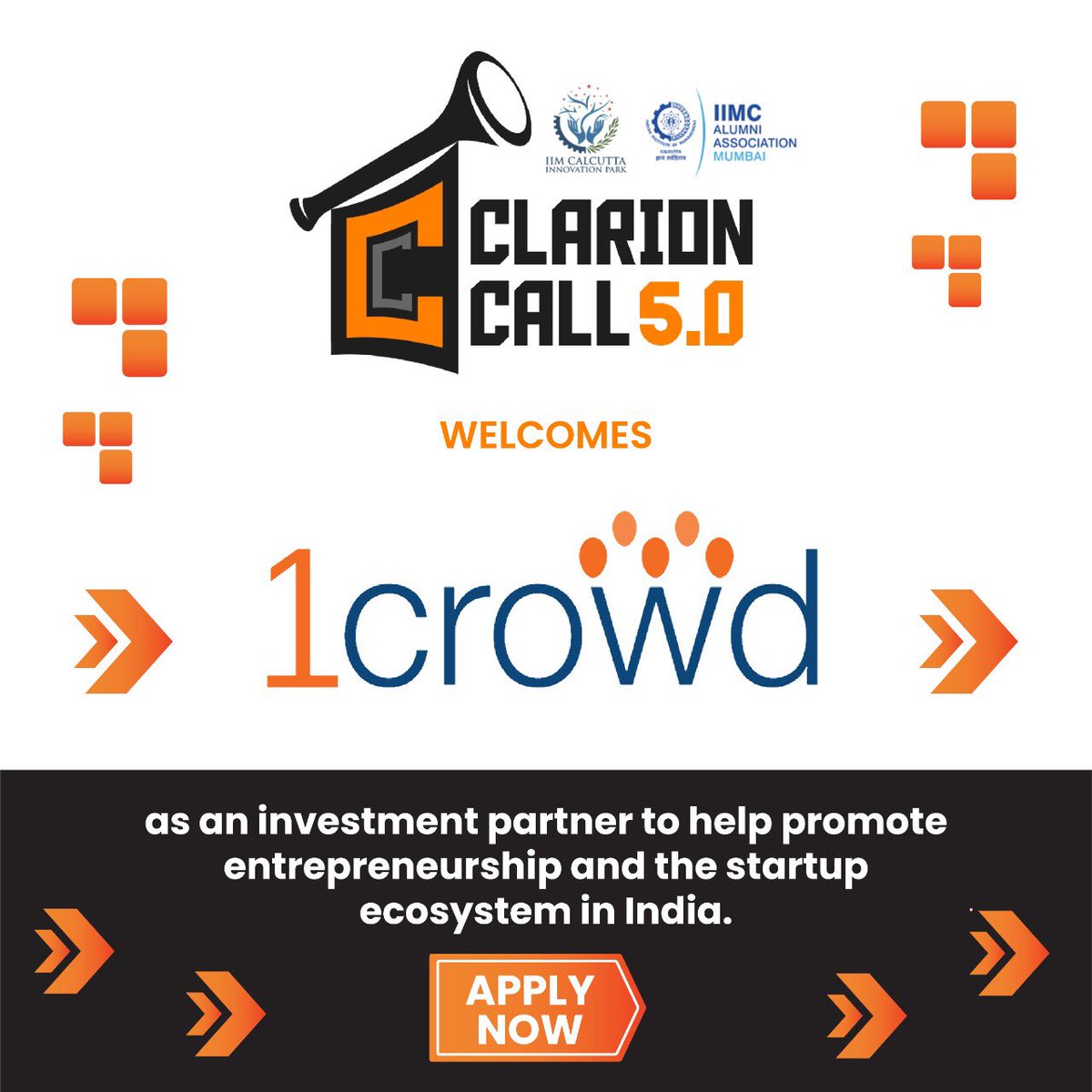 We welcome <a href="/1Crowd_co/">1Crowd</a> as our investment partner for Clarion Call 5.0. We believe that our combined efforts can help promote entrepreneurship in the start-up ecosystem in India.
.
Don't miss out.
Last date to register - 20th May.
Apply Now! bit.ly/Clarion-Call 
 
#ClarionCall5