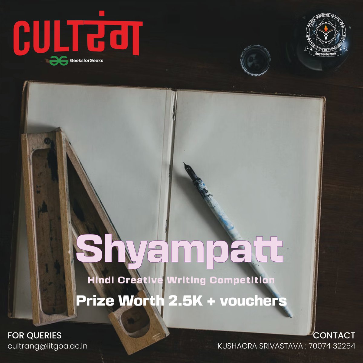 CultRangIITGoa's tweet photo. We believe that stories have the power💪 to move the world - and the language does not matter!

Here’s your chance to move the world🌍. CultRang presents – Shyampatt, a Hindi creative writing competition,✍️ 

Register now - Link in bio✨

#Netflix #Hindi #Creative #CultRang https://t.co/f26l1M4Rj6