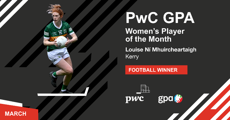 PwCIreland's tweet photo. Congratulations to @kerryladiesfoot's Louise Ní Mhuircheartaigh 👏

The PwC / @gaelicplayers Women's Football Player of the Month for March 🏆🙌 https://t.co/7VzghrOrO7