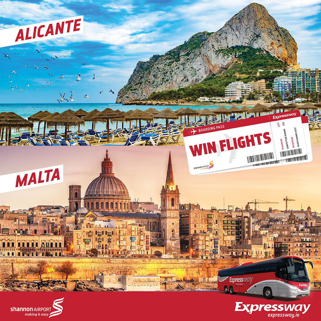 ExpresswayIRE's tweet photo. Win x2 return flights to ALICANTE or MALTA with thanks to @ShannonAirport  🏖 

To enter, simply follow @ExpresswayIRE &amp; @ShannonAirport, retweet this post and leave a comment with your preferred destination! ✈️ https://t.co/5XFhioMP9l