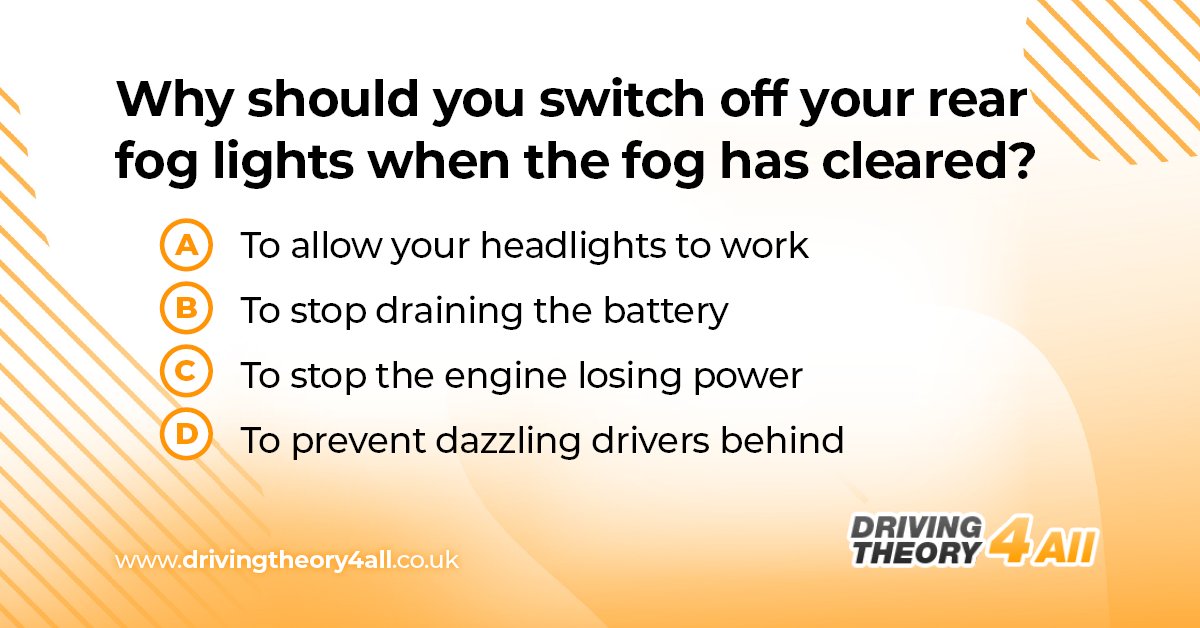 DT4A's tweet image. 🌟 Here&apos;s a DVSA theory test practice question from the Vehicle Handling topic 🌟

Get this question and everything you need to pass your car theory test with our comprehensive online theory test revision platform 👇

ow.ly/cF3q50JaWNT

#theorytest #theorytestquestion