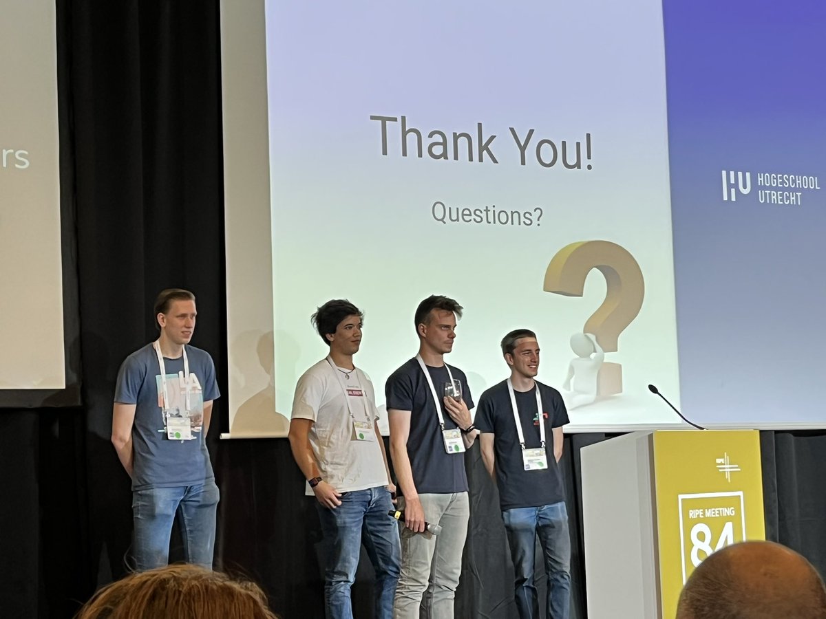 Saltaail's tweet photo. Great work from students of #hogeschoolUtrecht on #RIPEAtlas anomalies alerting. #RIPE84 . Meet them for some demos during lunch @ RIPE Atlas booth. https://t.co/E0s9y0Wp21