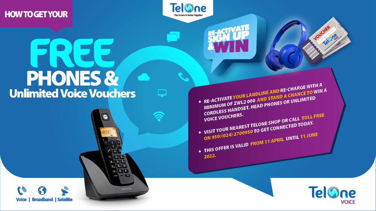 TelOneZW's tweet photo. Re-activate your landline and Re-charge with a minimum of ZWL2 000 and stand a chance to win exciting prizes!
#TheFutureIsBetterTogether
#signupandwin
#TelOne https://t.co/FAeptk0lTT