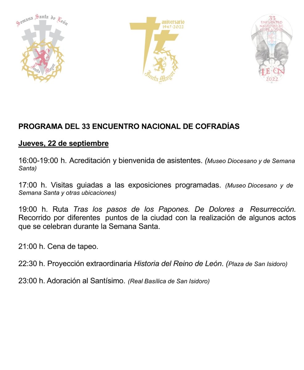 33encuentroleon's tweet photo. Programa oficial de actos para el 33 Encuentro Nacional de Cofradías que acogerá la ciudad de León del 22 al 25 de septiembre de 2022. 

(Programa sujeto a cambios de última hora)

#leonesp https://t.co/45gNdKl3Ta