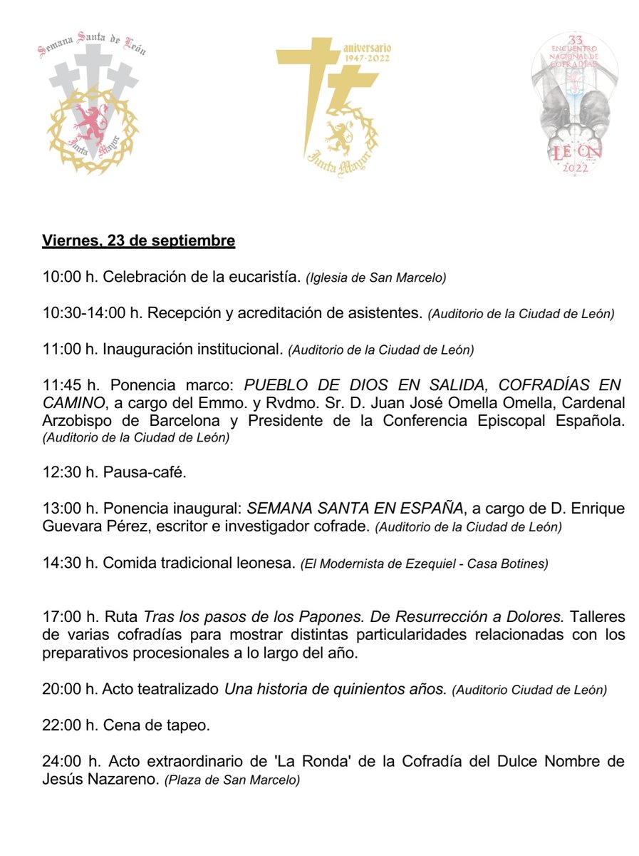 33encuentroleon's tweet photo. Programa oficial de actos para el 33 Encuentro Nacional de Cofradías que acogerá la ciudad de León del 22 al 25 de septiembre de 2022. 

(Programa sujeto a cambios de última hora)

#leonesp https://t.co/45gNdKl3Ta