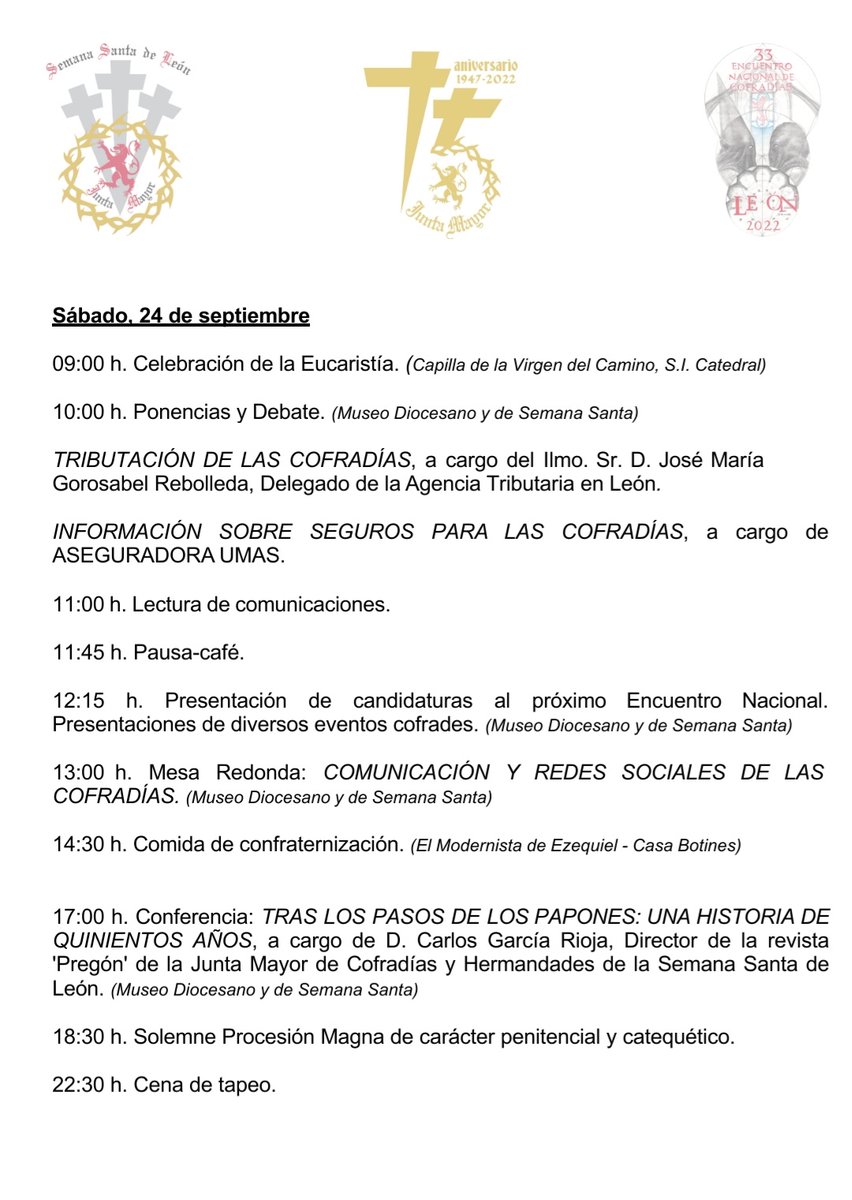33encuentroleon's tweet photo. Programa oficial de actos para el 33 Encuentro Nacional de Cofradías que acogerá la ciudad de León del 22 al 25 de septiembre de 2022. 

(Programa sujeto a cambios de última hora)

#leonesp https://t.co/45gNdKl3Ta