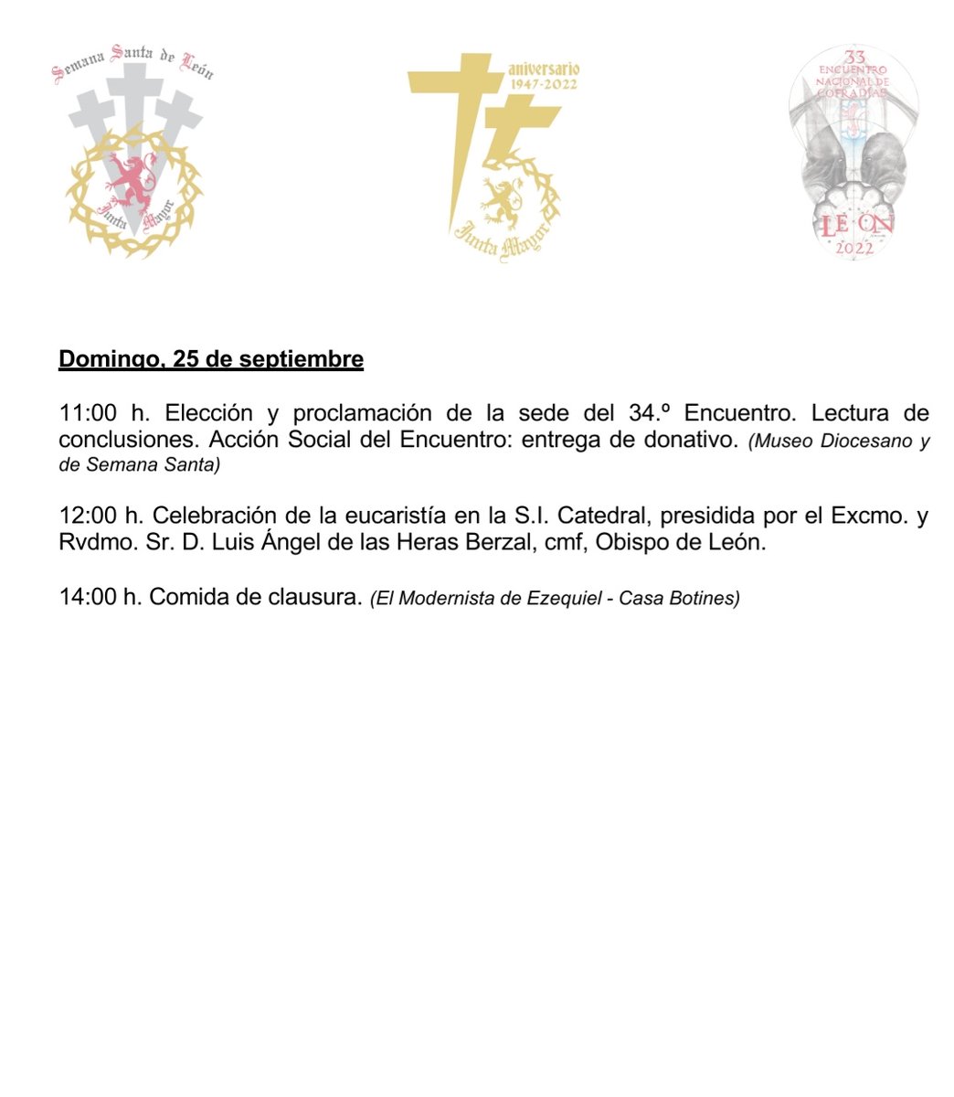 33encuentroleon's tweet photo. Programa oficial de actos para el 33 Encuentro Nacional de Cofradías que acogerá la ciudad de León del 22 al 25 de septiembre de 2022. 

(Programa sujeto a cambios de última hora)

#leonesp https://t.co/45gNdKl3Ta