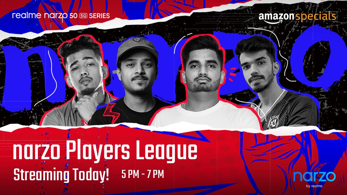An action-packed narzo Players League kicks off today, featuring @8bit_thug, @scouttanmay, @theofficialmavi, & @SnaxGamingg! Which team do you think is going to win? Livestreaming today, 5 PM - 7 PM. Head here: bit.ly/3yKyZZE #Mighty5GGameOn #realmenarzo50 5G Series