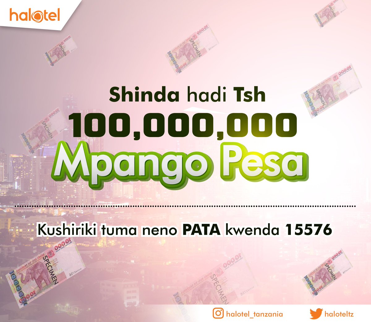 TzHalotel's tweet photo. @Haloteltz  Cheza sasa ujiongezee nafasi ya kuondoka na mpunga. Tuma neno ‘PATA’ kwenda 15576 mara nyingi uwezavyo ujiongezee nafasi ya kushinda. #Halotel https://t.co/Hwqzcxl3ID