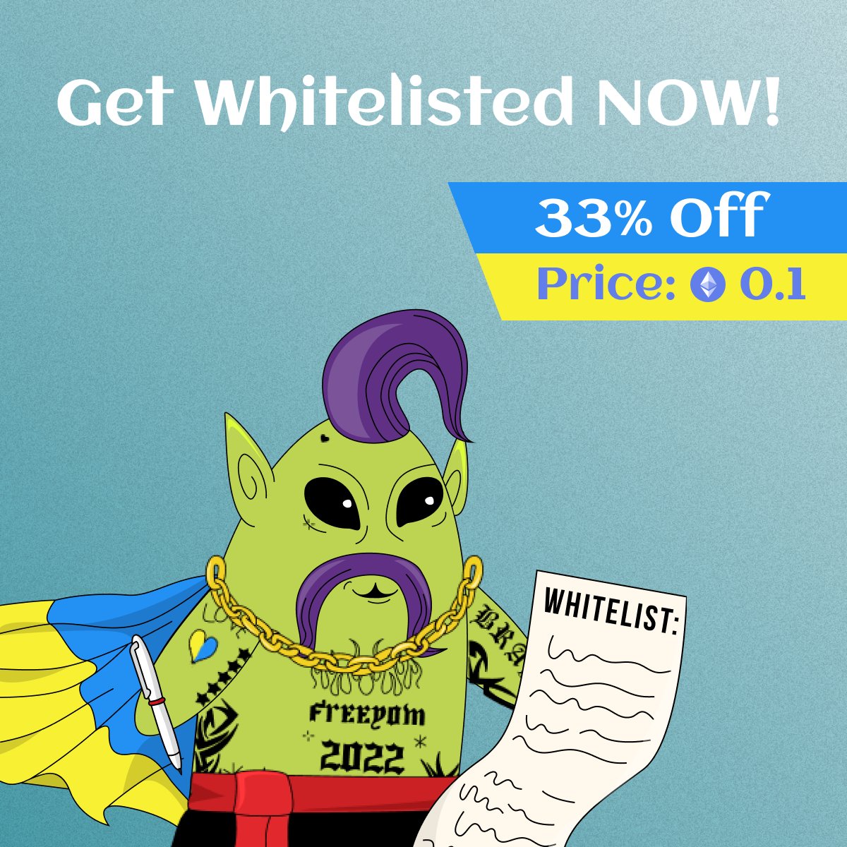 Are you still not on the Whitelist?

Don`t miss the chance to:
🤍Get a lower price of the mint 0.1 ETH
🤍Pre-sale access before the official mint date

Just fill out the form and become a part of our CryptoCossacks Club community - forms.gle/QvxmR6Mwehaq1o…

#crypto_cossacks_club