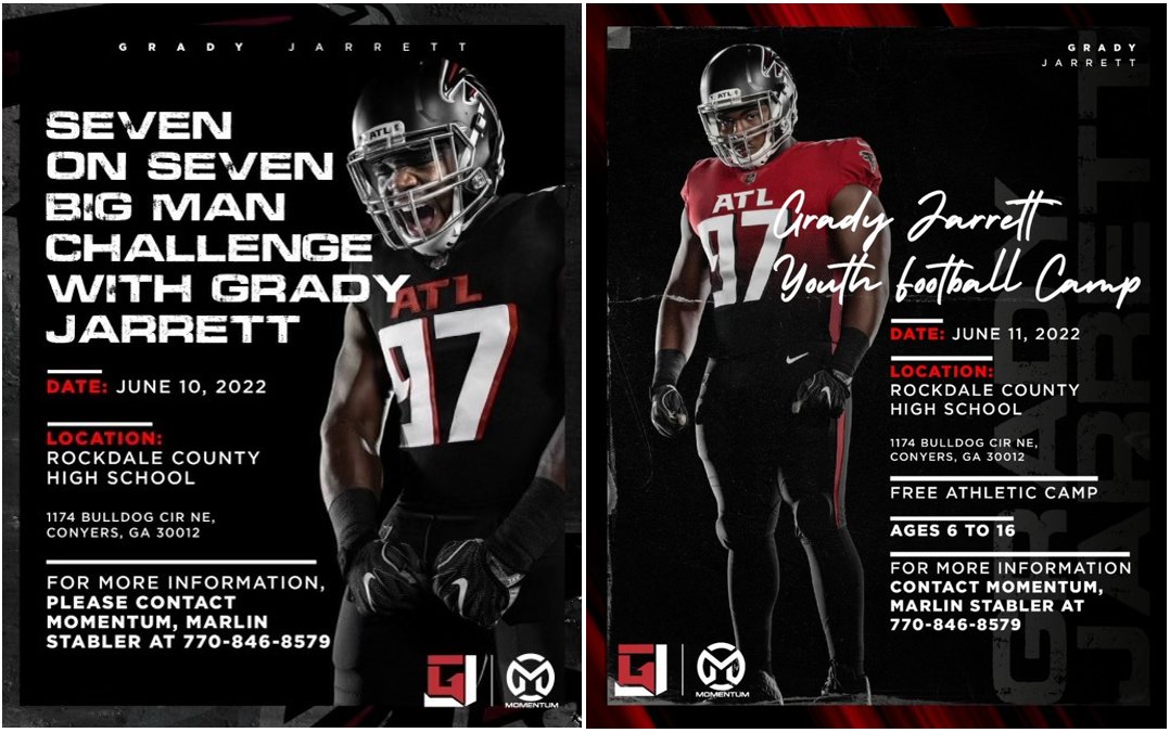 RCHSBulldogs's tweet photo. Grady Jarrett FB Camps return to RCHS this summer:

* 7v7 &amp; Big Man Challenge (for high school teams) - June 10
* Free Youth Camp (for ages 6-16) - June 11 @GradyJarrett https://t.co/qD2iHi5bI4