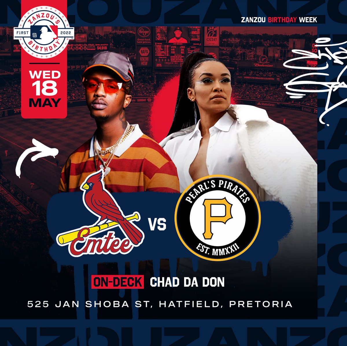 Bukelwa05's tweet photo. The Zanzou birthday week kicks off tonight with @ChadDaDon @emteerecords &amp; the beautiful @PearlThusi as she celebrates her birthday too 🚀🚀🚀🎥🍿🔥 it’s about to be a movie 🙆🏻‍♀️🤌🏽🤞🏽 find us at @zanzoupretoria in Hatfield pta on Jan Shoba St. https://t.co/R4CaAnWu0n