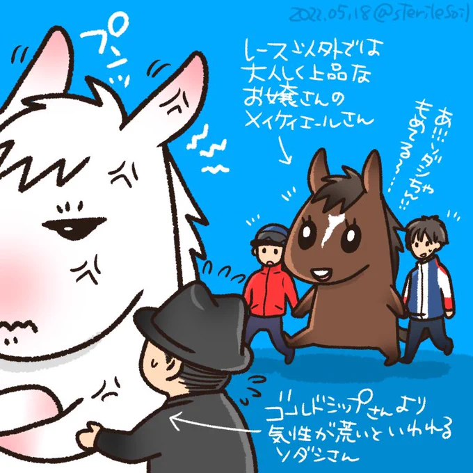 リプいっぱいありがとうございます😊
返信の代わりにイラストで。
ソダシさんが慎重に扱われているのは、機嫌を損ねると大変だからですよ。
メイケイエールさんは普段はとても良い子ちゃん。
どちらの性格もも"白毛一族(気性が難しい)"って感じで面白いですね
(先生たちにとっては面白いじゃすまない) 