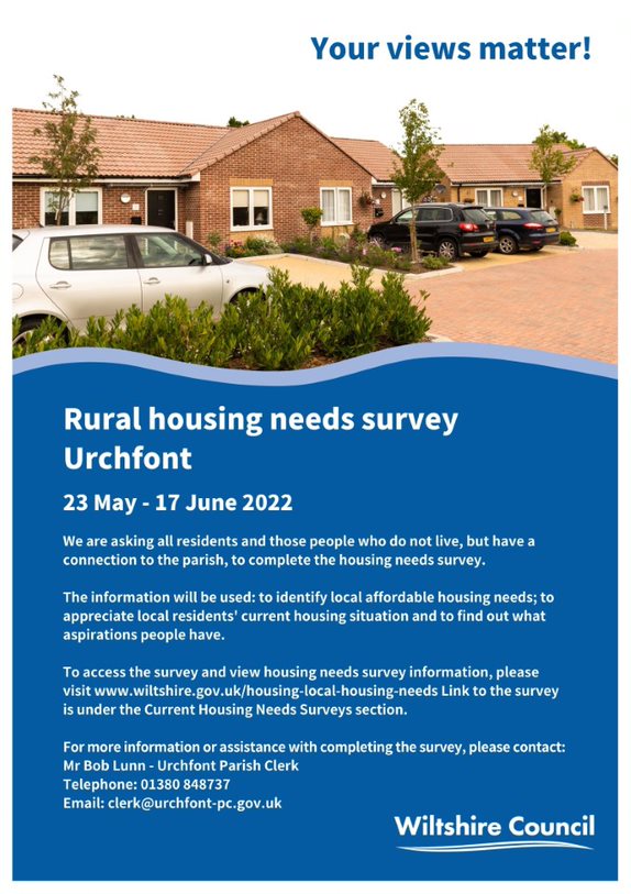 wiltsclhousing's tweet photo. Do you live in #Urchfont look out for the Rural Housing Needs Survey available online from 23 May 22. Those who work or who have close family in the parish may also be eligible to complete the survey more details below #Urchfont #RuralHousing #AffordableHousing #WiltshireTogether https://t.co/509Tt8m1Ov