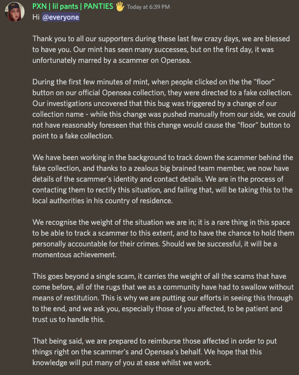 It's insane how serious the team <a href="/projectPXN/">Phantom Network</a> <a href="/Pants_shh/">lil pants | 🚨🚔🚨</a> handle scams and value their community.. look at the extent they're doing to address these issues. Can't be more proud to be a ghost !boolish
