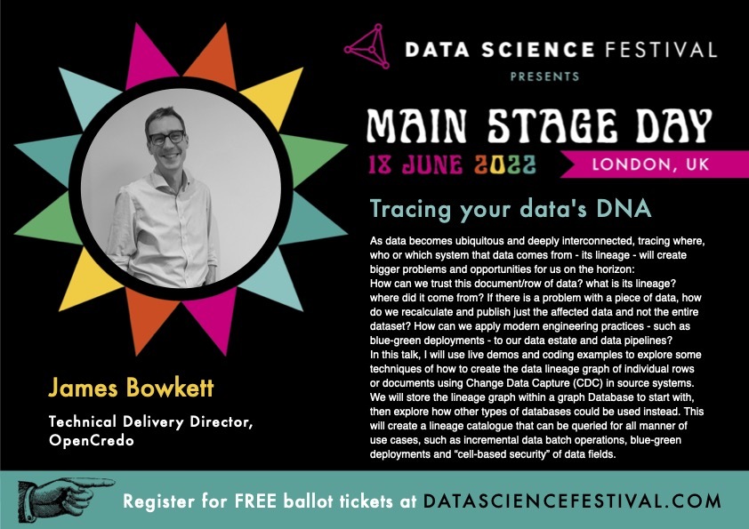 The @DataScienceFest is returning to @CodeNode London on June 18th, and we are thrilled to announce that OpenCredo will be sponsoring #DSF and @techwob will be speaking on 'Tracing your data's DNA.' 2022.datasciencefestival.com/speaker/james-… #DNA #DSFmainstageday #CDC #DataLineage