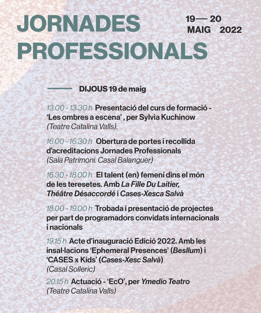 FestTeresetes's tweet photo. DEMÀ COMENCEM JORNADES PROFESSIONALS! #FESTIVALTERESETESMALLORCA
@CanBalaguer
#TERESETES24 @ajuntpalma @culturamallorca https://t.co/na7gJ3s2xU