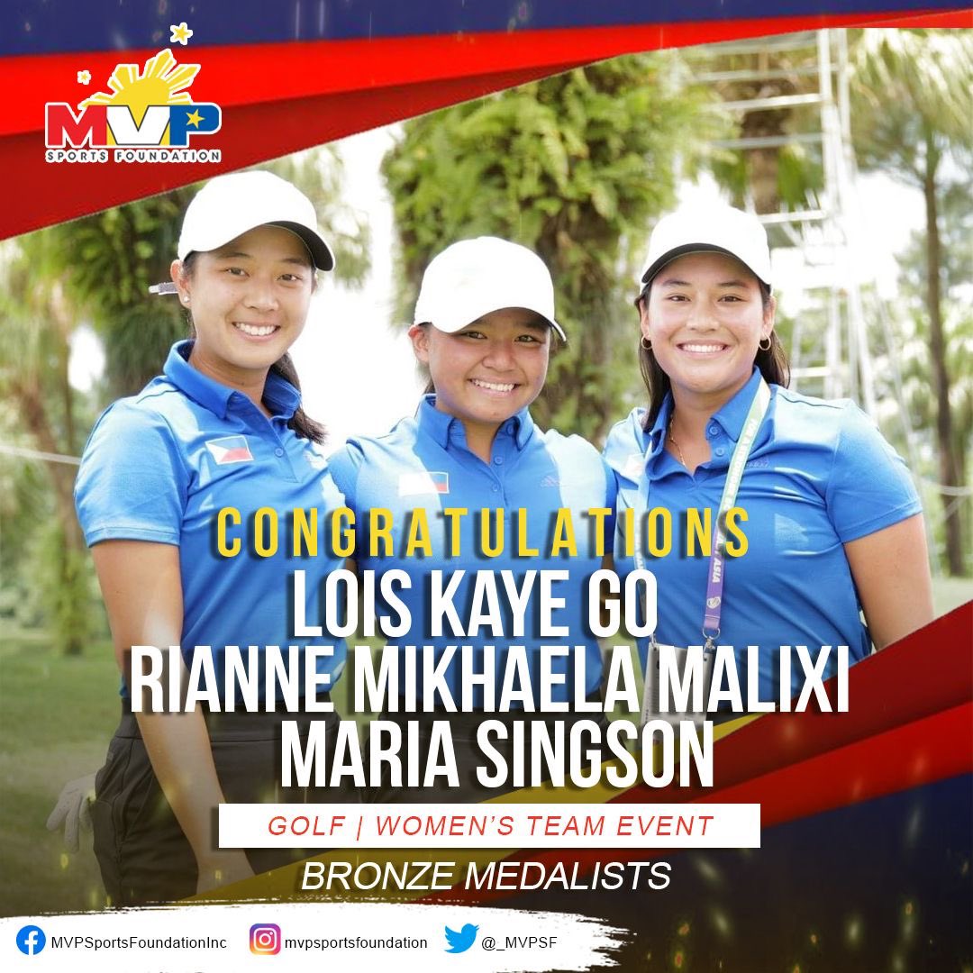 mvpsfph's tweet photo. 🥉 MEDAL FOR GOLF! 🇵🇭
Congratulations Rianne Malixi, Lois Kaye Go, and Maria Singson for winning a bronze medal in golf in the women's team event. We are proud of you girls! 💪🏌️♀️⛳️
Follow us on our social media handles! IG/FB/Twitter👉🏼 mvpsfph
#MVPSF
#ParaSaAtleta https://t.co/tRPMXPpV7x
