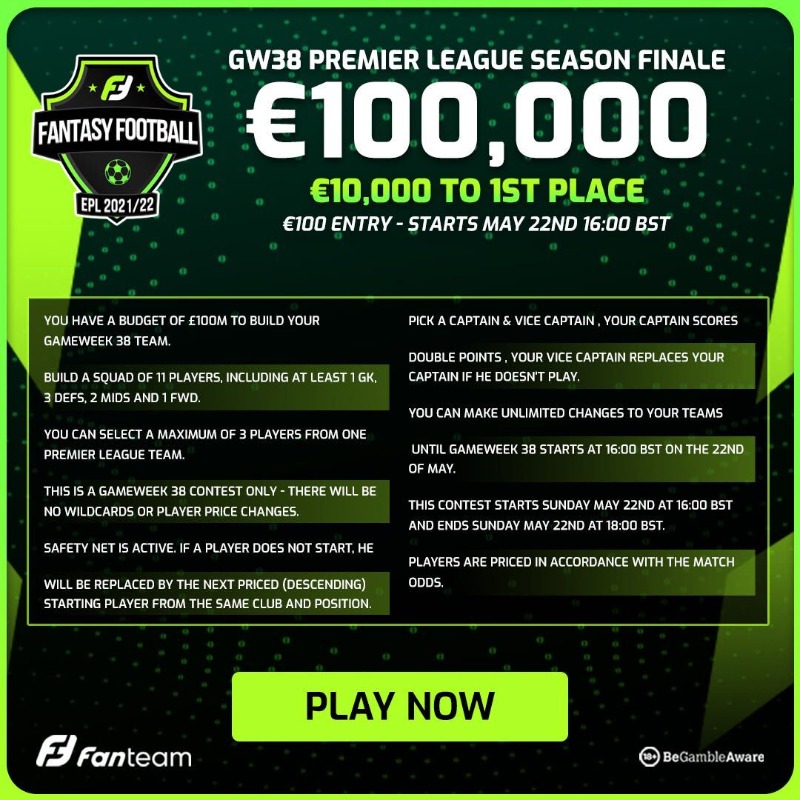 FFScout's tweet photo. 🟢 | FANTEAM COMPETITION 🎁

Win a 𝗙𝗥𝗘𝗘 𝗘𝗡𝗧𝗥𝗬 to @FanTeamOfficial’s €100,000 (£84K) Gameweek 38 Season Finale…

🎟️ We have 1⃣ ticket worth €100 (£84) to give away!

𝗧𝗢 𝗘𝗡𝗧𝗘𝗥
1⃣ RT this tweet
2⃣ FOLLOW @FanTeamOfficial 

Ad | GW38 game 👇