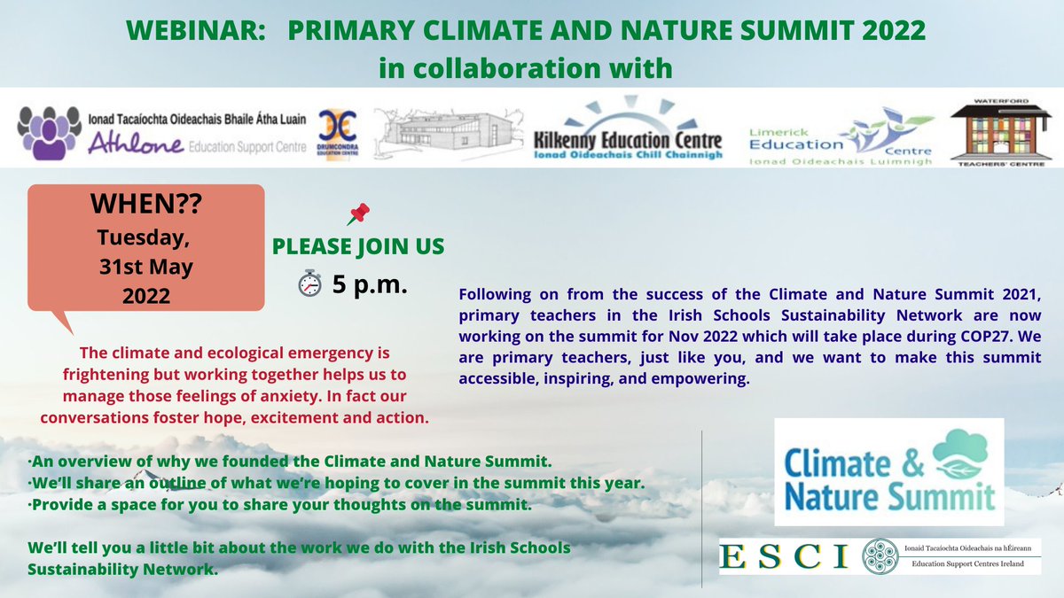 eckilkenny's tweet photo. 📣 'Primary Climate and Nature Summit 2022 Webinar'
🗓️ Tuesday 31st May 2022
🕔 5p.m.
🔗 Further details and booking via our website; https://t.co/F9fccyfvpG #COP27 #ClimateandNatureSummit #climate #edchatie https://t.co/iZFRbNt3JK