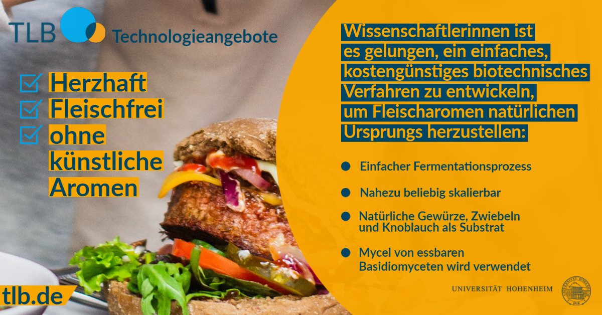 TLBGmbH's tweet photo. Vegetarische und vegane Lebensmittel werden immer beliebter. Viele Menschen mögen aber den typischen Geschmack von Fleisch und Wurst. An der Universität Hohenheim wurde ein einfacher Fermentationsprozess entwickelt, mit dem herzhafte Aromen natürlich hergestellt werden können. https://t.co/h2oGkxFQM2