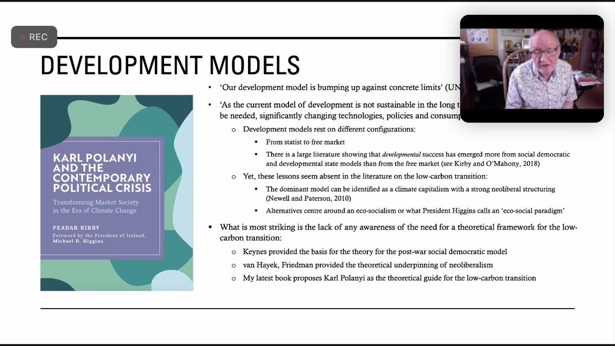 DrAmandaSlevin's tweet photo. ⁦@KirbyPeadar⁩ emphasises need for new theoretical underpinnings for #lowcarbonsocieties away from #climatecapitalism with continued fixation on #neoliberalism &amp; ideological fixation with #freemarkets towards #ecosocialism https://t.co/dO259Vf9bw