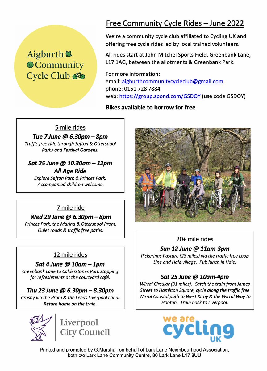 Whether you haven’t been on a bike for a long time or you cycle regularly we’d love to see you on one of our rides. If you don’t have a working bike we have some you can borrow for free for our rides. Here are the rides coming up in June.
