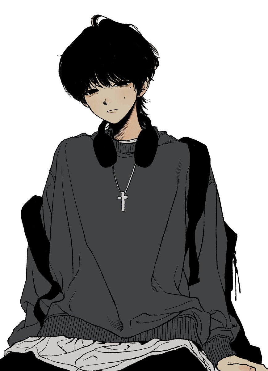 1boy male focus solo mole necklace jewelry black hair  illustration images