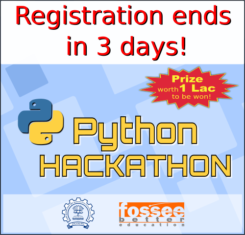 FOSSEE's tweet photo. Only 3 days remaining for the #Python #Hackathon. 

Register for the #competition and build some amazing games using #Pygame, #PyMunk. 

Visit https://t.co/tK4S6kRJb9 to register. 

#DataScience #AI #ML @prabhu_r @ManithaE @ThePSF @iitbombay @realpython @SciPyIndia @pythonexpress https://t.co/OA5olLf5Op