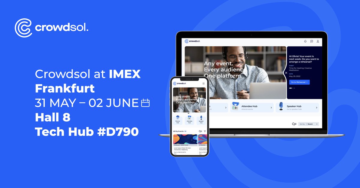 CrowdsolUK's tweet photo. Crowdsol will be at @IMEX_Group Frankfurt on 31 May - 02 June. Come and visit us at Tech Hub D790 or book an appointment to discuss the future of #eventplanning 
https://t.co/q8vKZcsDoN
 
#crowdsol #IMEX2022 #eventtechplatform https://t.co/y0XeGPgTX8