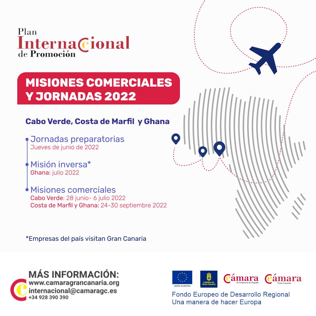 CamaraGCanaria's tweet photo. 📢 A través del #PIP2022 te acercamos a Ghana y Costa de Marfil como destino de #internacionalización para tu producto y/o servicio
📆Misión comercial presencial, del 24 al 30 de septiembre
Más info➡https://t.co/2MivpderEY
@GranCanariaCab @camarascomercio
#FEDER https://t.co/S9khB4jTRi