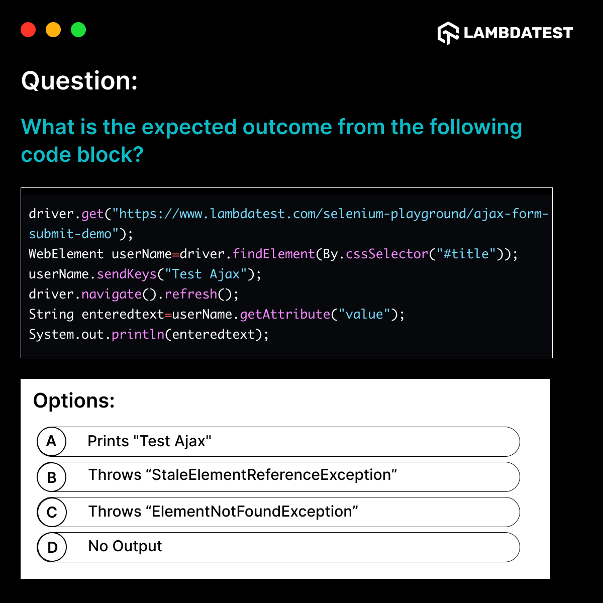 lambdatesting's tweet image. Are you up for the next #LTChallenge?🤔
Here is 𝗾𝘂𝗲𝘀𝘁𝗶𝗼𝗻 𝟮 in the #LambdaTestCodingChallenge👇