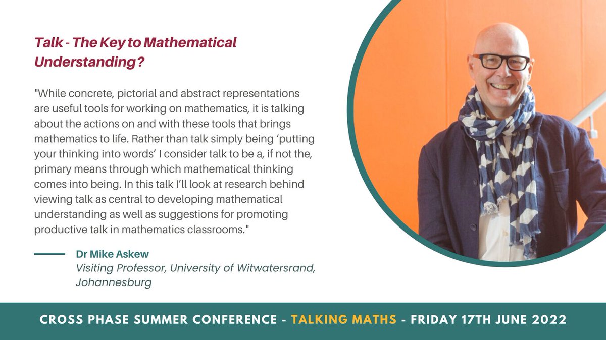 SEMathsHub's tweet photo. Join @SEMathsHub for our Cross Phase Summer Conference - featuring KEYNOTE SPEAKER DR MIKE ASKEW! Not to be missed! Book your place now: https://t.co/D5OTwZeEzo
#MathsHub #TalkingMaths https://t.co/8SI85M5Bkf