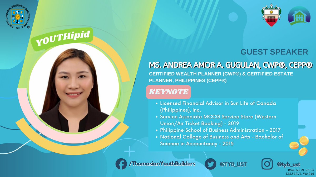 TYB_UST's tweet photo. Our second guest speaker for our awaited event, Ms. Andrea Amor A. Gugulan, CWP, CEPP.

Ms. Gugulan is also a Licensed Financial Advisor that is excited to share about proper budgeting, expense tracking considering our tight allowance as students, 

(1/3) https://t.co/tBEGWEfTwi